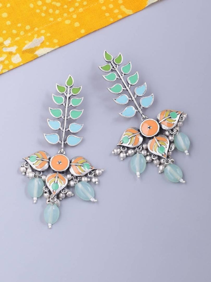 Silver-Plated Multicoloured Enamelled Leaf Shaped Drop Earrings