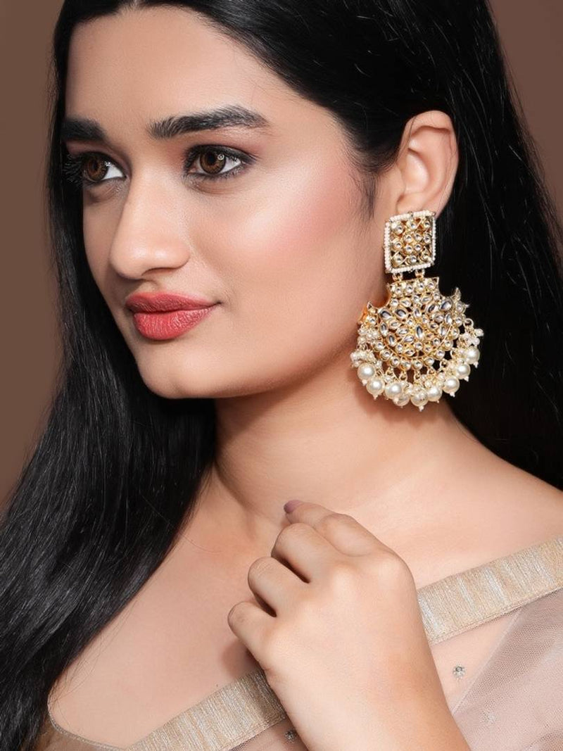 Off-White Gold-Plated Kundan-Studded and Pearl-Beaded Handcrafted Chandbalis
