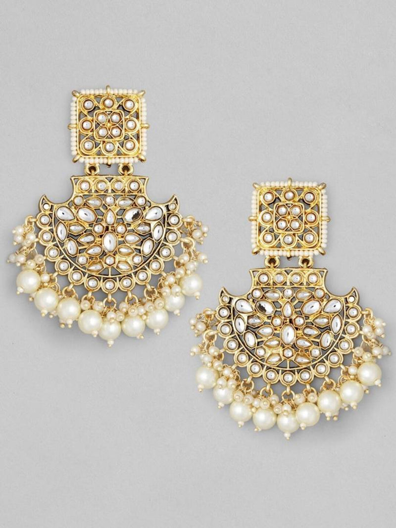 Off-White Gold-Plated Kundan-Studded and Pearl-Beaded Handcrafted Chandbalis