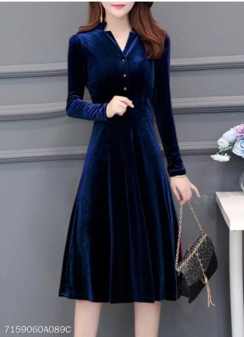 Stylish Navy Blue Georgette Velvet Solid A-Line Dress For Women