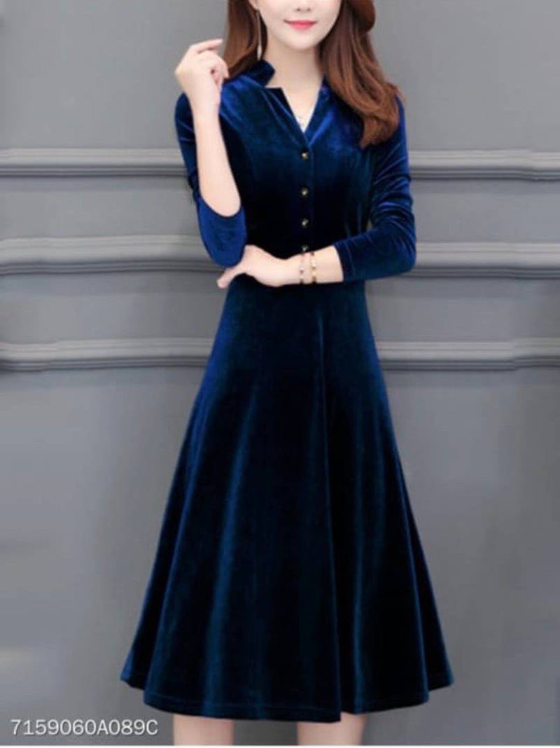 Stylish Navy Blue Georgette Velvet Solid A-Line Dress For Women