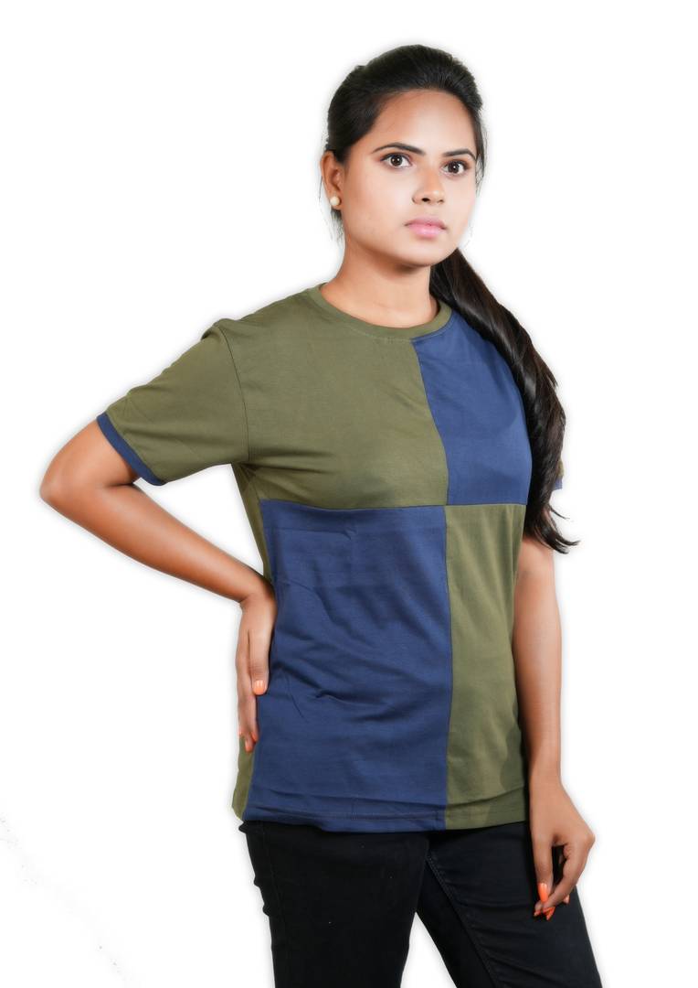 Stylish Cotton Green Colourblocked Round Neck T-shirt For Women