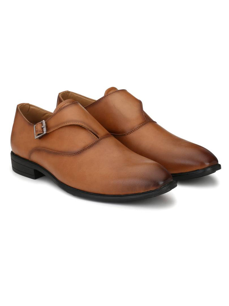 Men's Stylish and Trendy Tan Solid Synthetic Leather Formal Monk Shoes