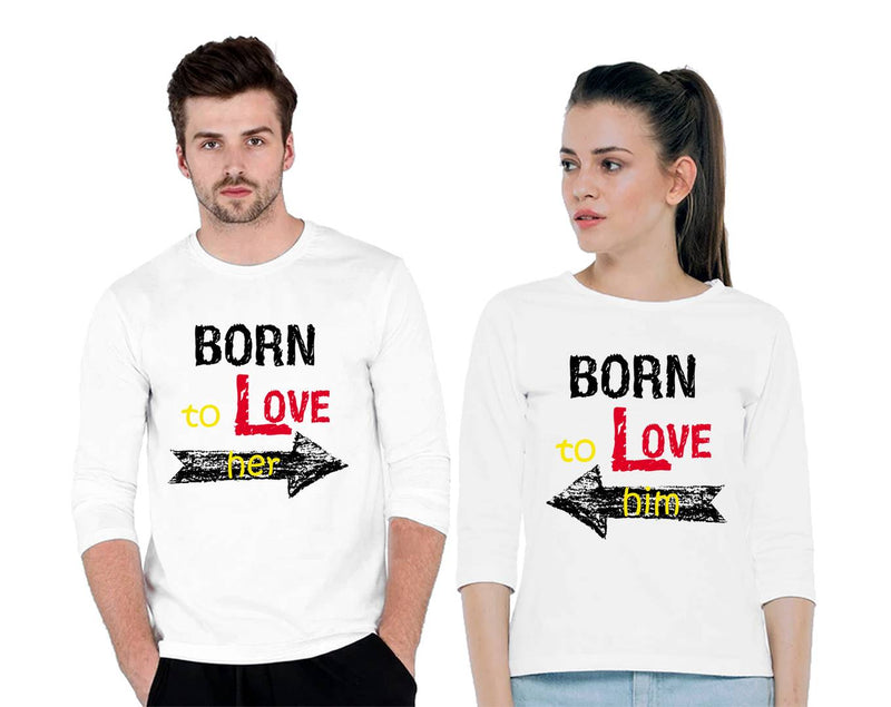 Couples White Digital Printed Cotton Blend Full Sleeves Round Neck Tees (Pack of 2)