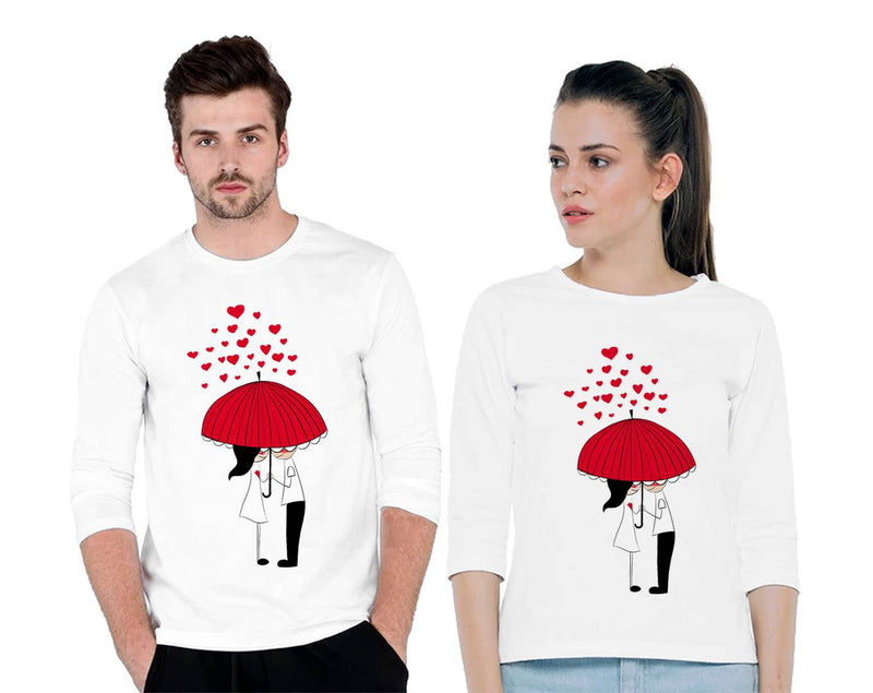 Couples White Digital Printed Cotton Blend Full Sleeves Round Neck Tees (Pack of 2)