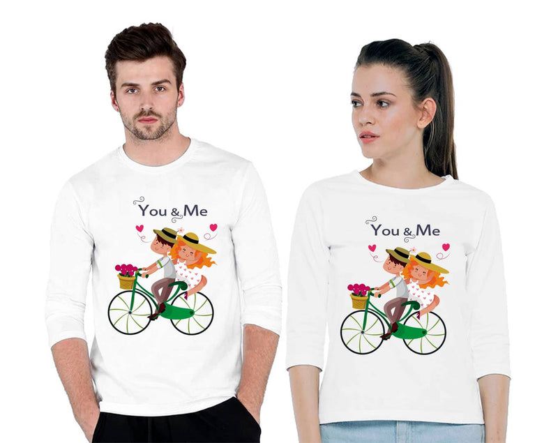 Couples White Digital Printed Cotton Blend Full Sleeves Round Neck Tees (Pack of 2)