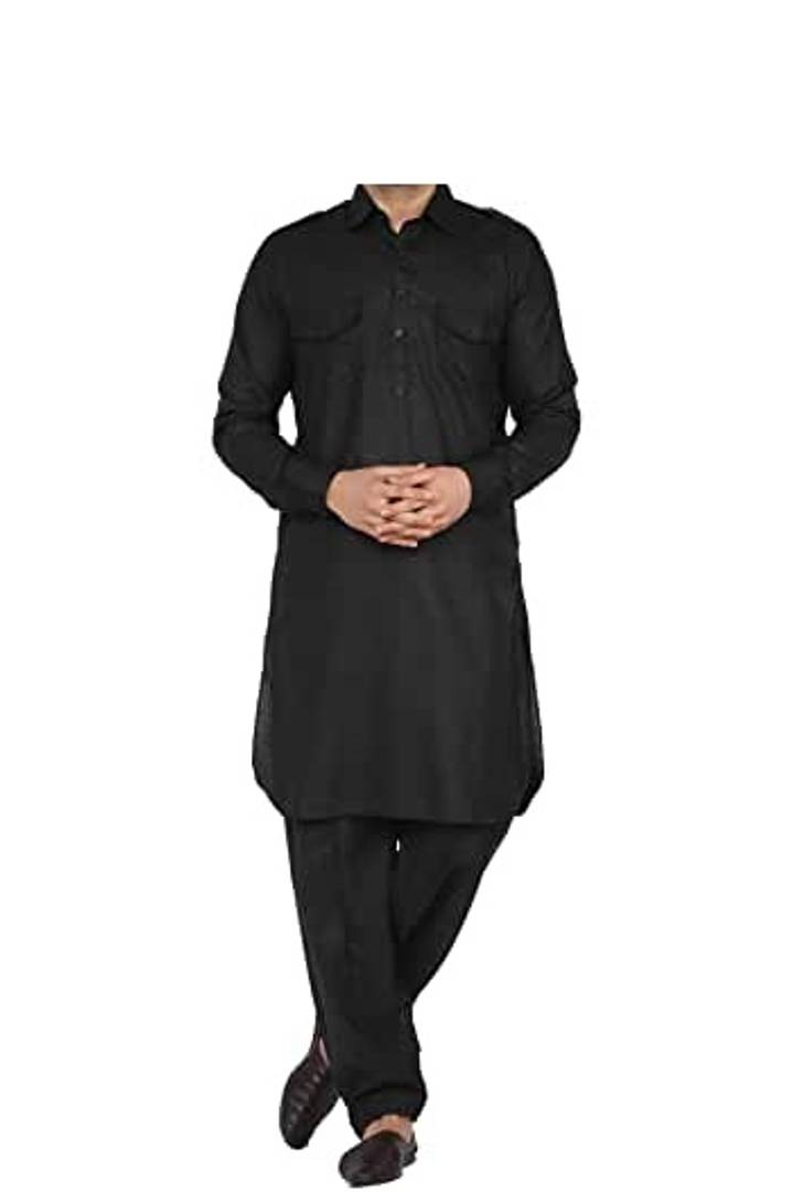 Stylish Black Solid Kurta With Bottom Set For Men