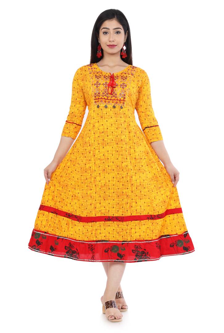 Stylish Rayon Yellow Embroidered Anarkali Kurta For Women