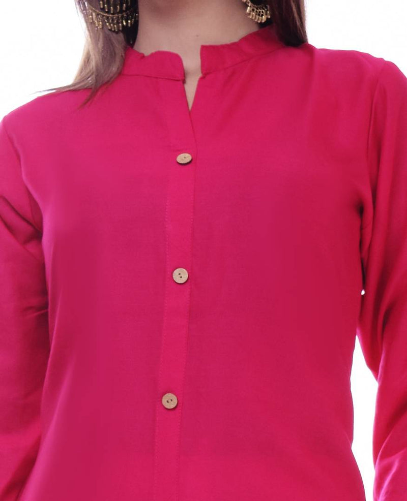 Stylish Pink Cotton Rayon Blend Solid Kurta For Women
