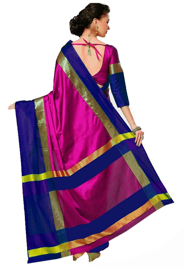 Blue And Pink Color Cottn Silk  Saree