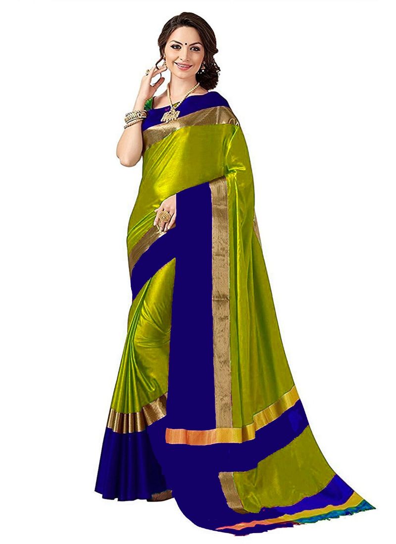 Blue And Green Color Cottn Silk  Saree