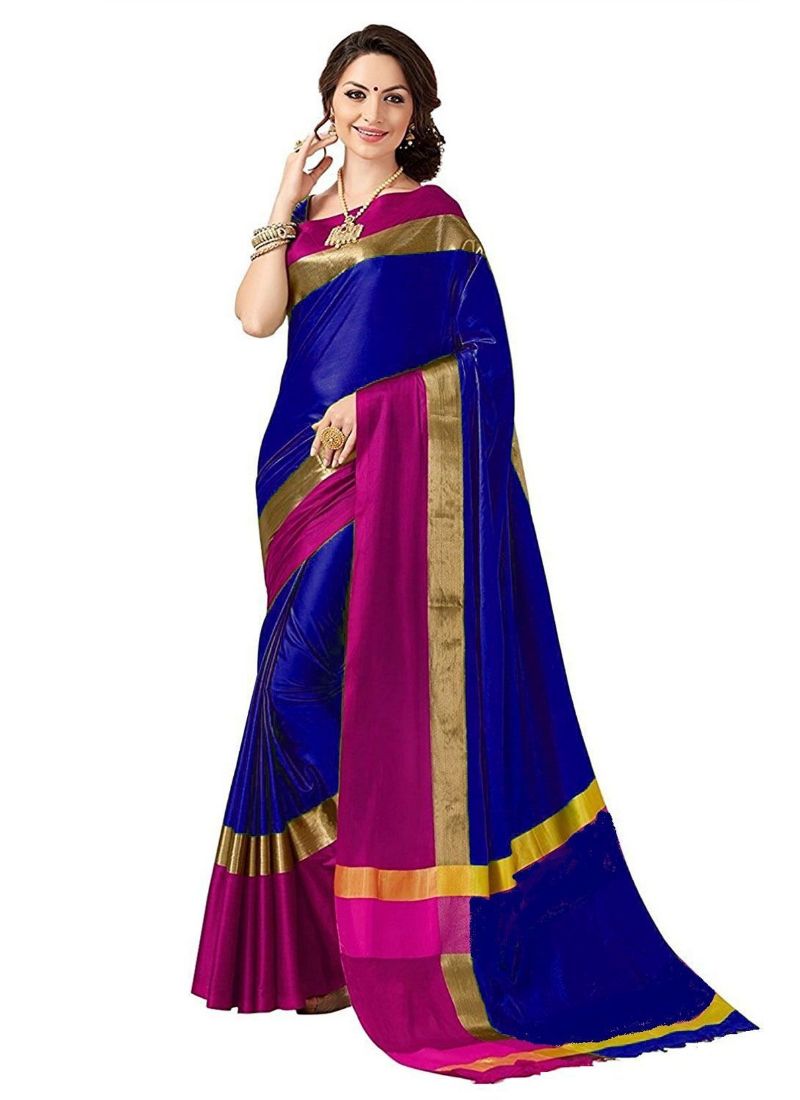 Blue And Pink Color Cottn Silk  Saree