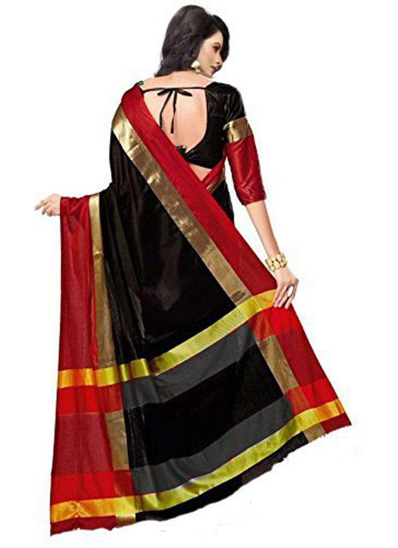 Black And Red Color Cottn Silk  Saree