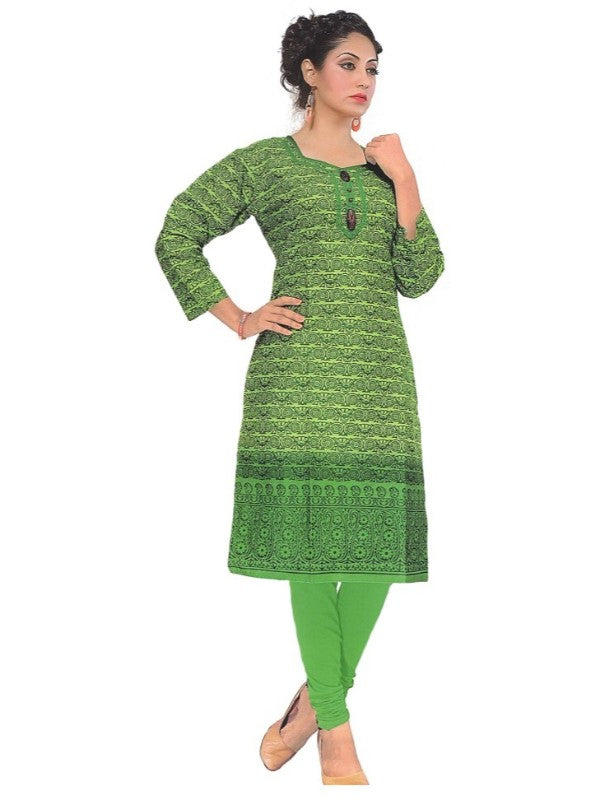 Women’s  Self Design Lime Green Straight Kurti With 3/4th Sleeves