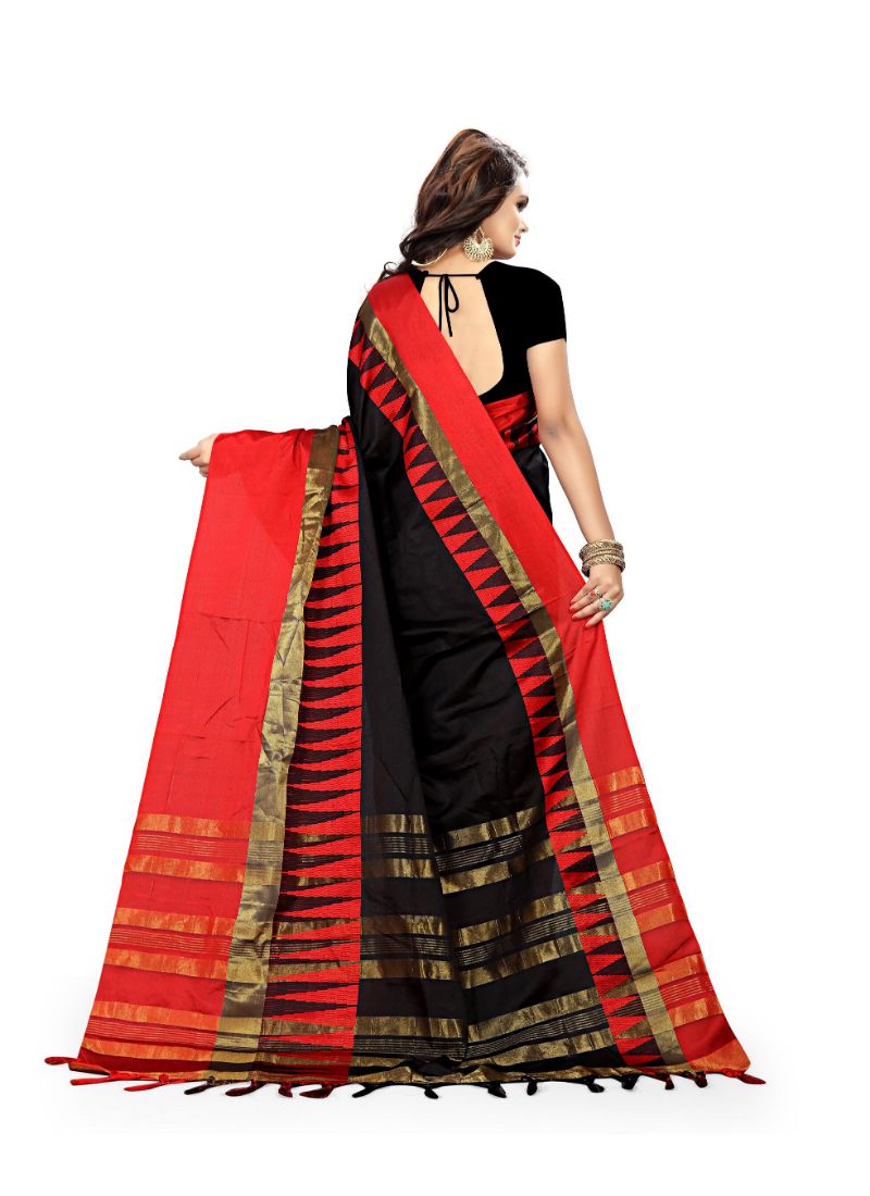 Black And Red Color Cottn Silk  Saree