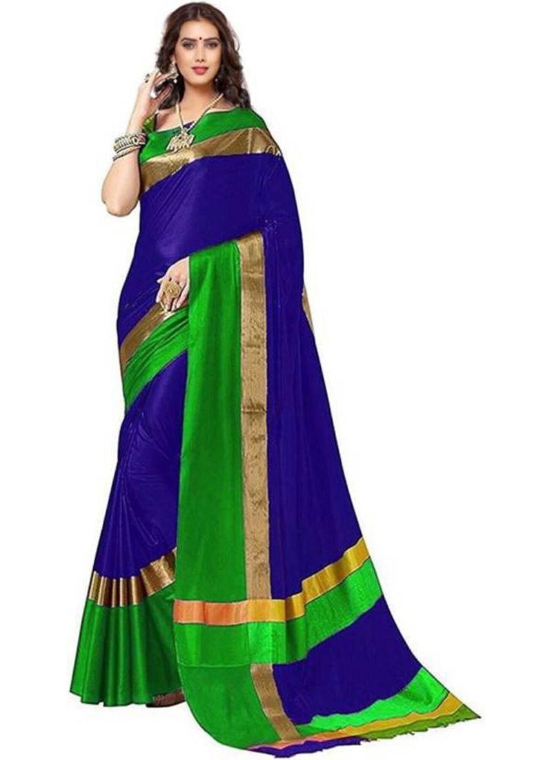 Blue And Green Color Cottn Silk  Saree