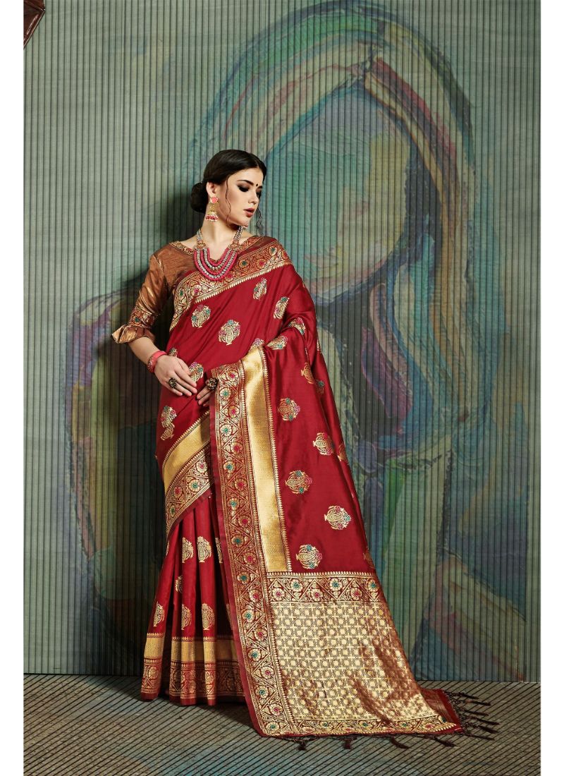 Generic Women's Banarasi Art Silk Saree With Blouse (Maroon, 5-6 Mtrs)