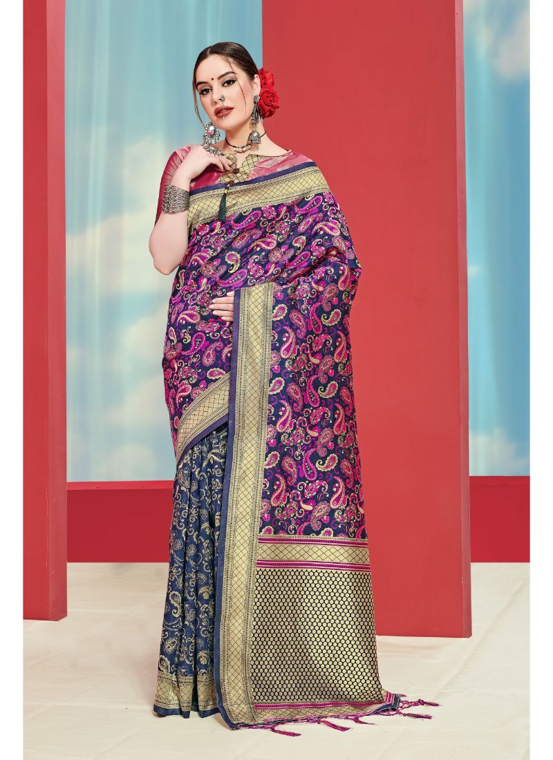 Generic Women's Banarasi Art Silk Saree With Blouse (Navy Blue, 5-6 Mtrs)