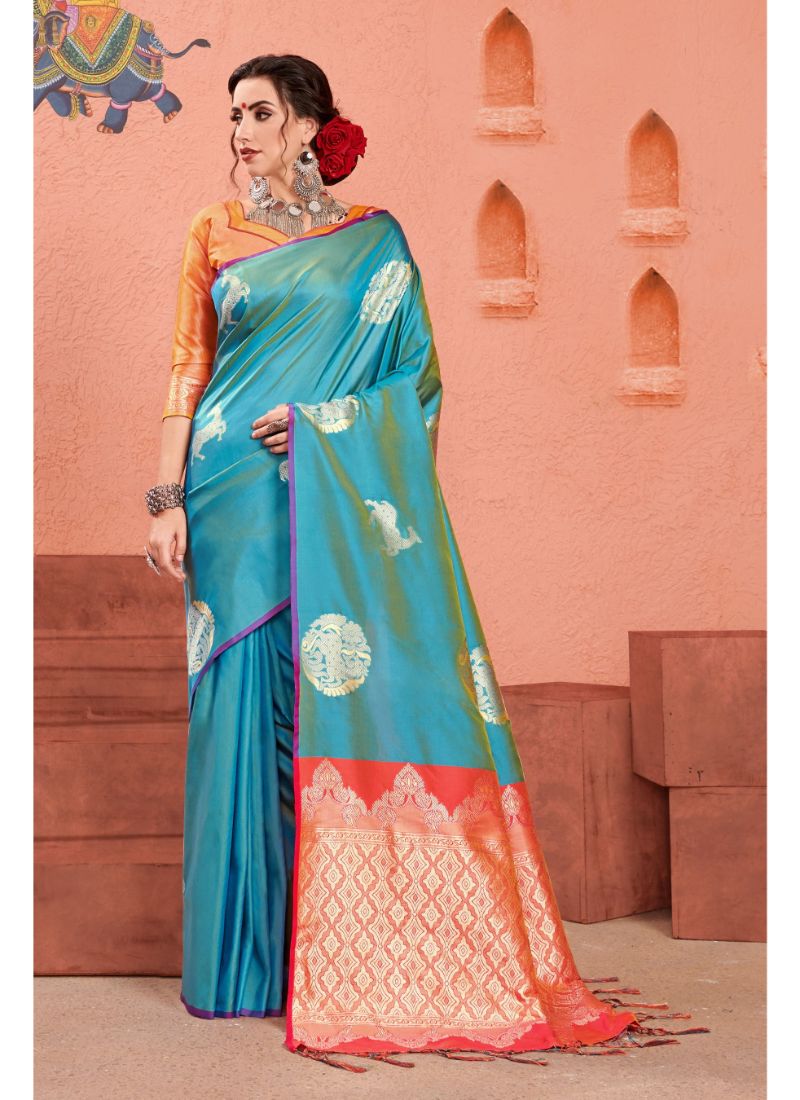 Generic Women's Kanjeevaram Art Silk Saree With Blouse (Turquoise, 5-6 Mtrs)
