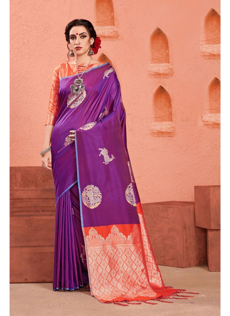 Generic Women's Kanjeevaram Art Silk Saree With Blouse (Purple, 5-6 Mtrs)