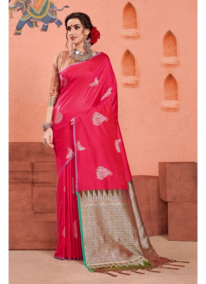 Generic Women's Kanjeevaram Art Silk Saree With Blouse (Pink, 5-6 Mtrs)