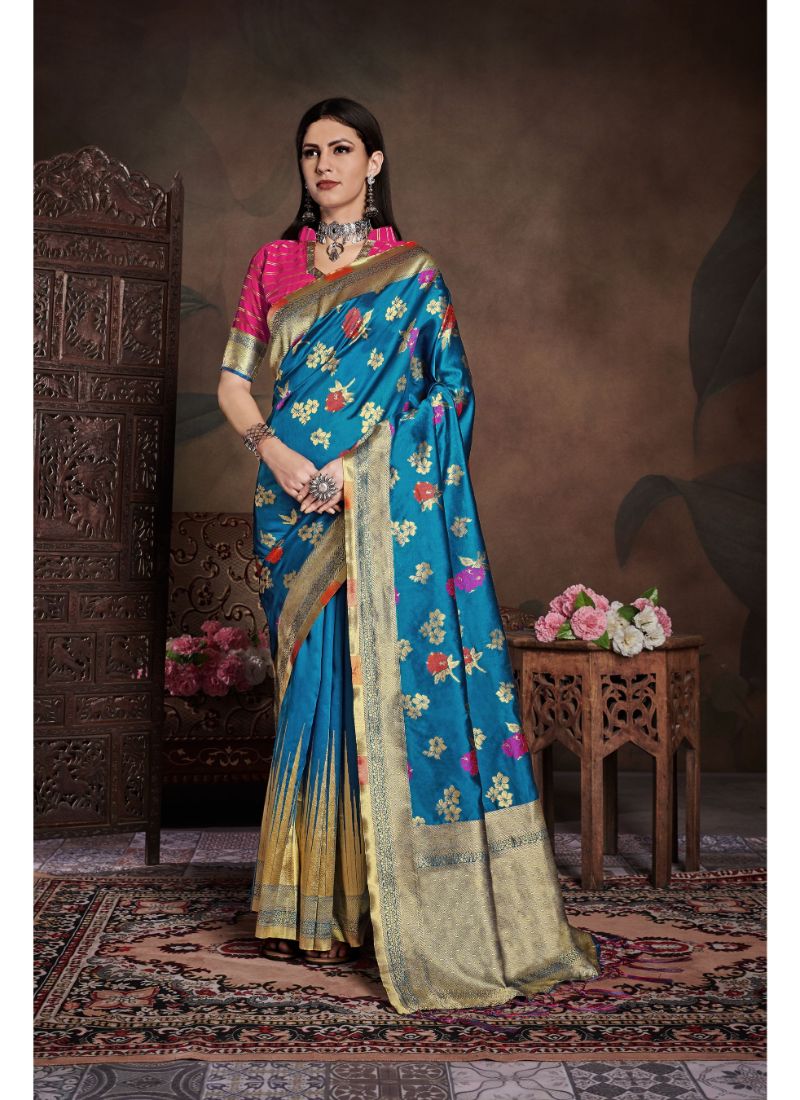 Generic Women's Banarasi Art Silk Saree With Blouse (Turquoise Blue, 5-6 Mtrs)