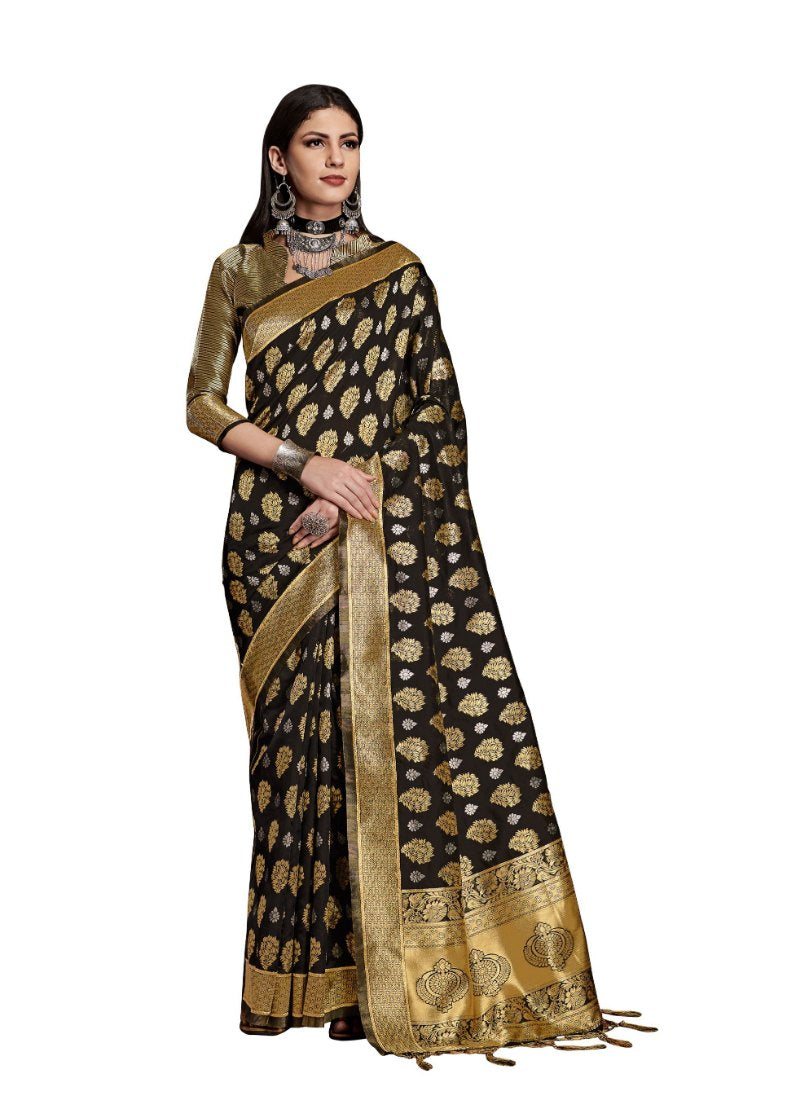 Generic Women's Banarasi Art Silk Saree With Blouse (Black, 5-6 Mtrs)