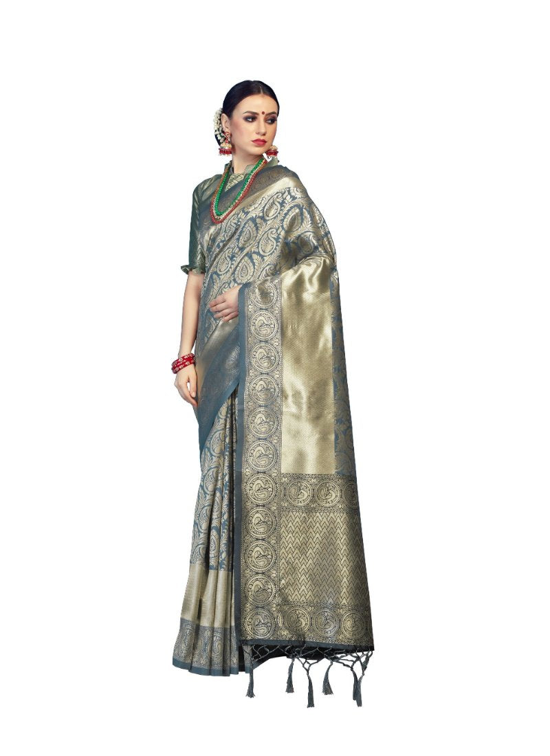 Generic Women's Kanjeevaram Art Silk Saree With Blouse (Charcoal, 5-6 Mtrs)