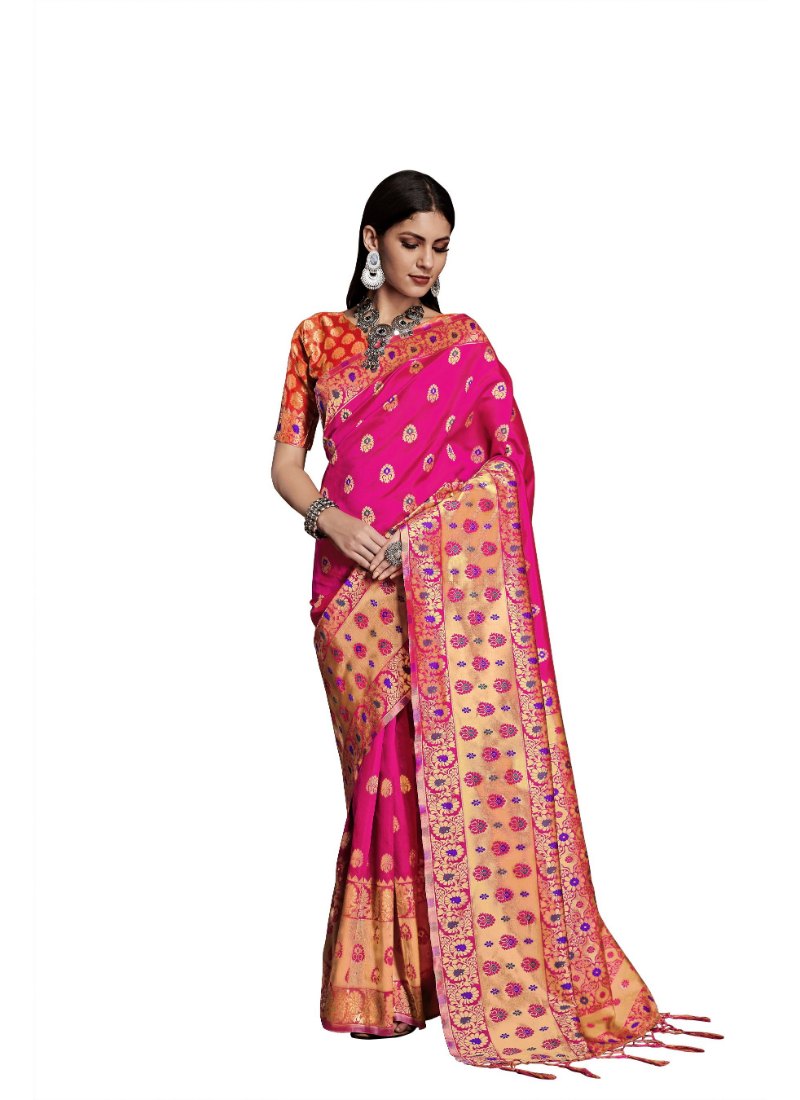 Generic Women's Banarasi Art Silk Saree With Blouse (Pink, 5-6 Mtrs)
