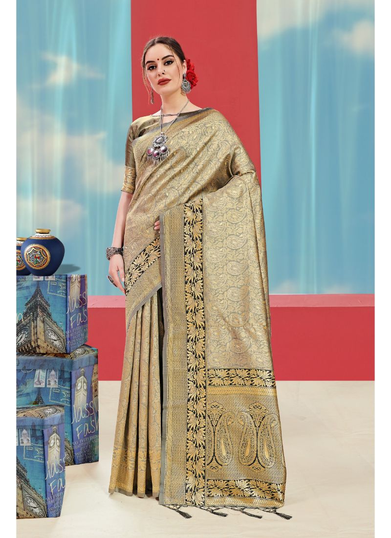 Generic Women's Banarasi Art Silk Saree With Blouse (Silver, 5-6 Mtrs)