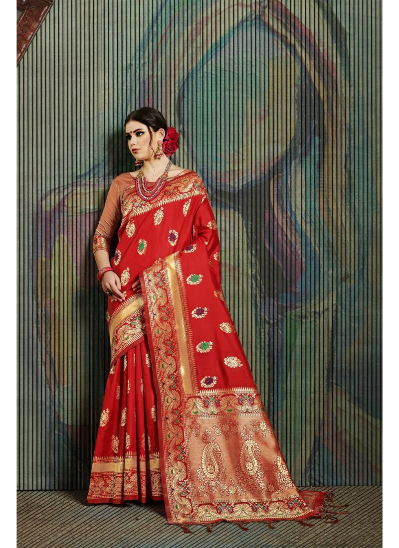 Generic Women's Banarasi Art Silk Saree With Blouse (Red, 5-6 Mtrs)