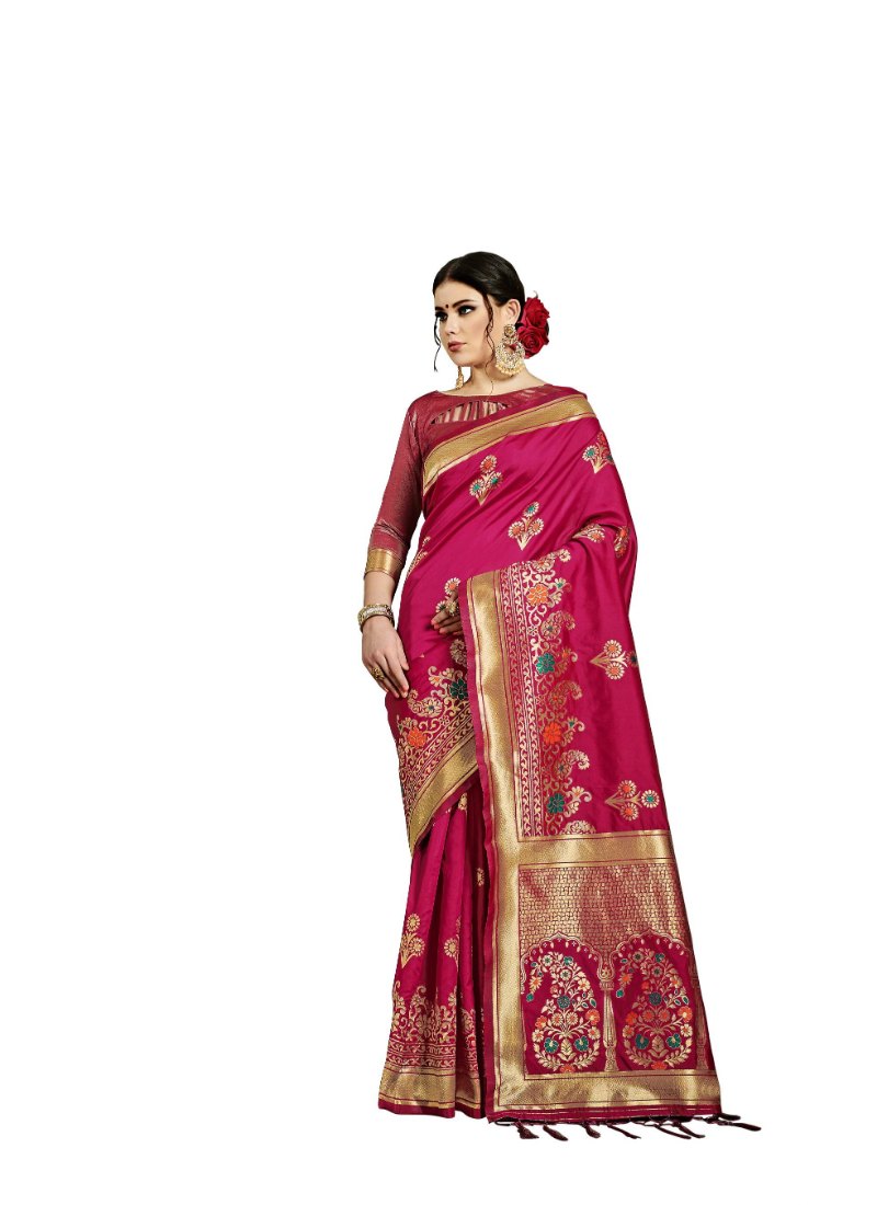 Generic Women's Banarasi Art Silk Saree With Blouse (Pink, 5-6 Mtrs)