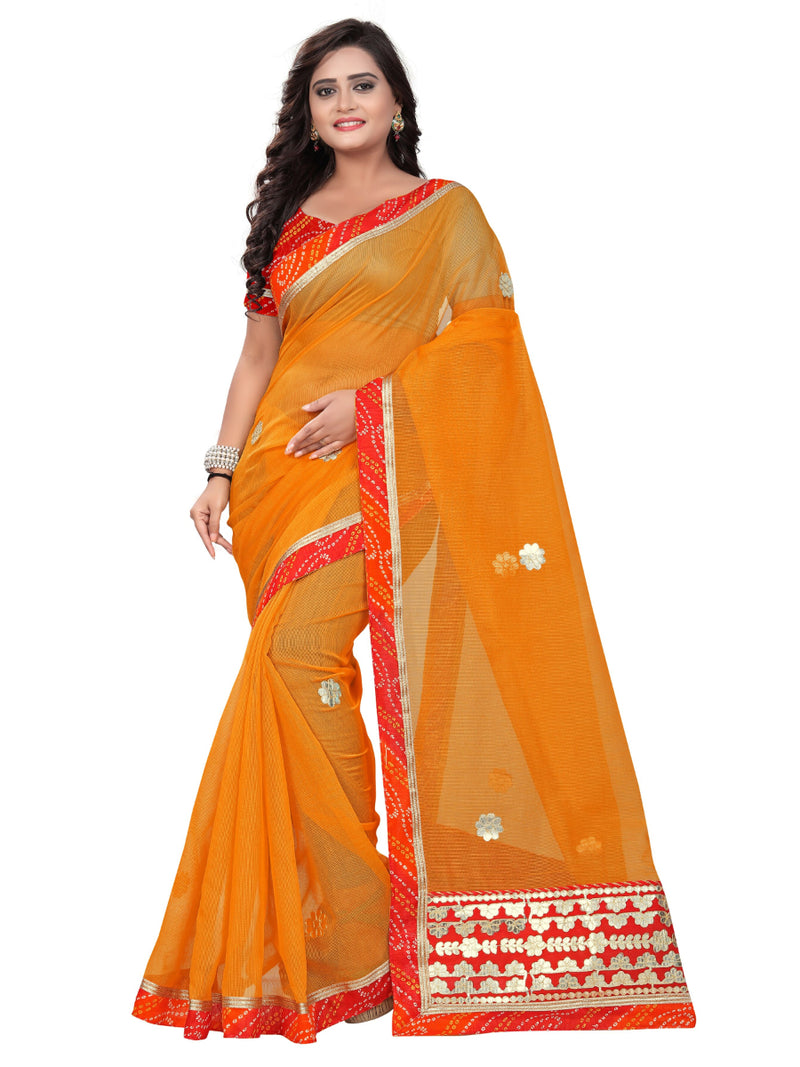 Generic Women's Net Saree With Blouse (Orange, 5-6 Mtrs)