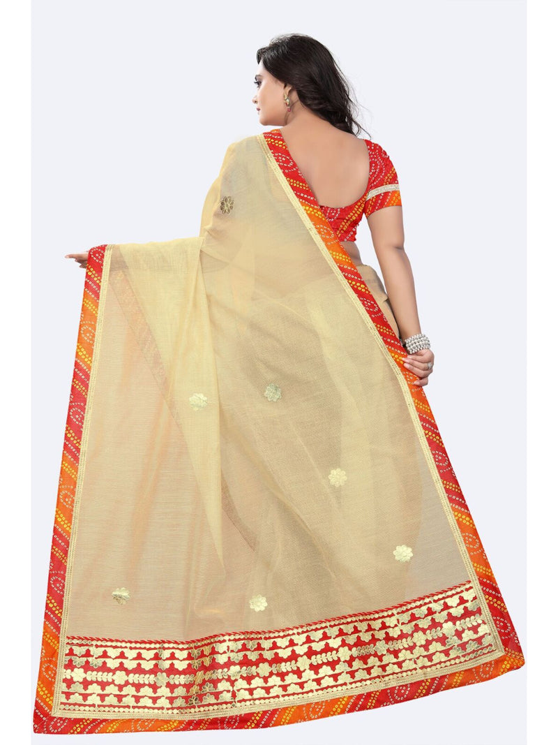 Generic Women's Net Saree With Blouse (Beige, 5-6 Mtrs)