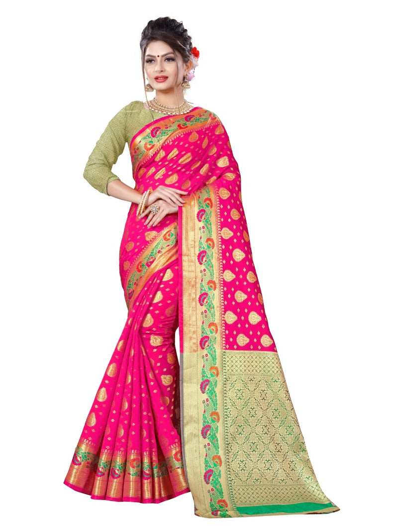 Generic Women's Banarsi Silk Saree With Blouse (Pink, 5-6 Mtrs)
