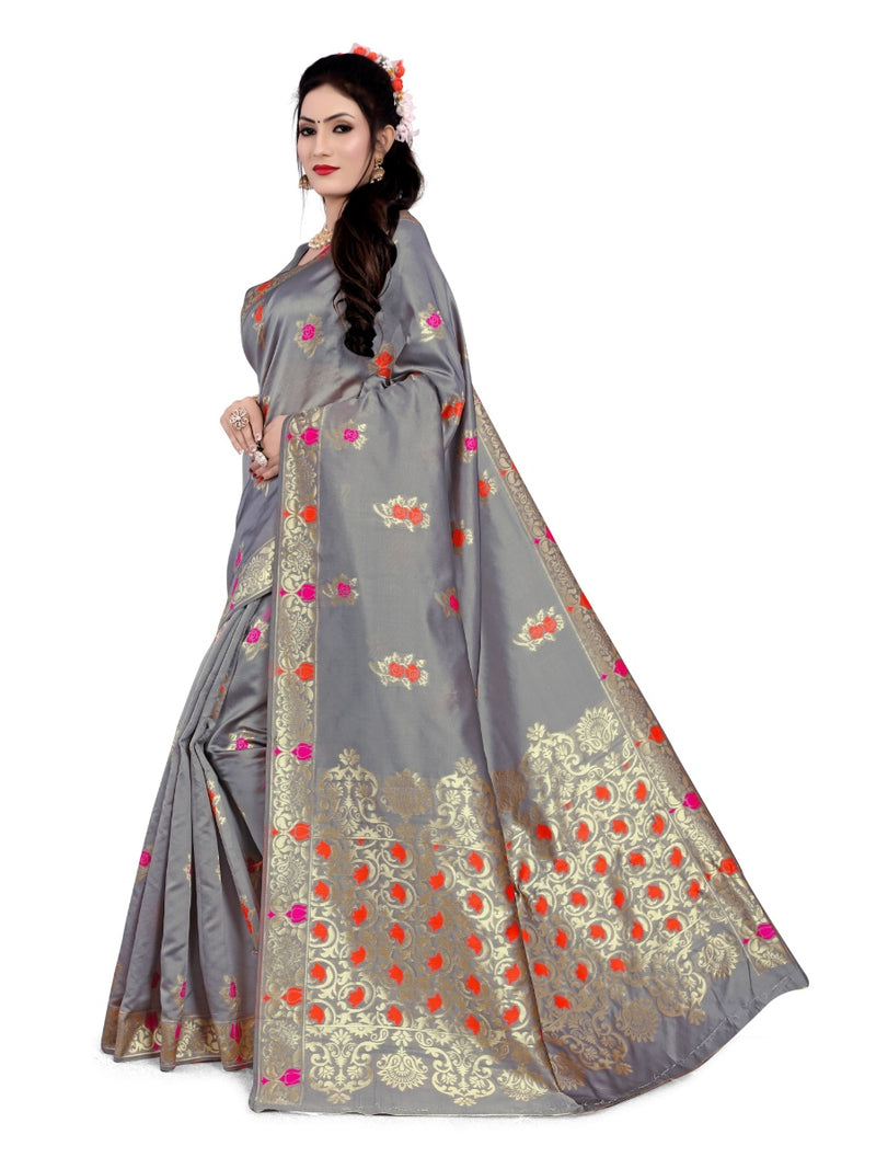 Generic Women's Semi Banarasi Silk Saree With Blouse (Grey, 5-6 Mtrs)