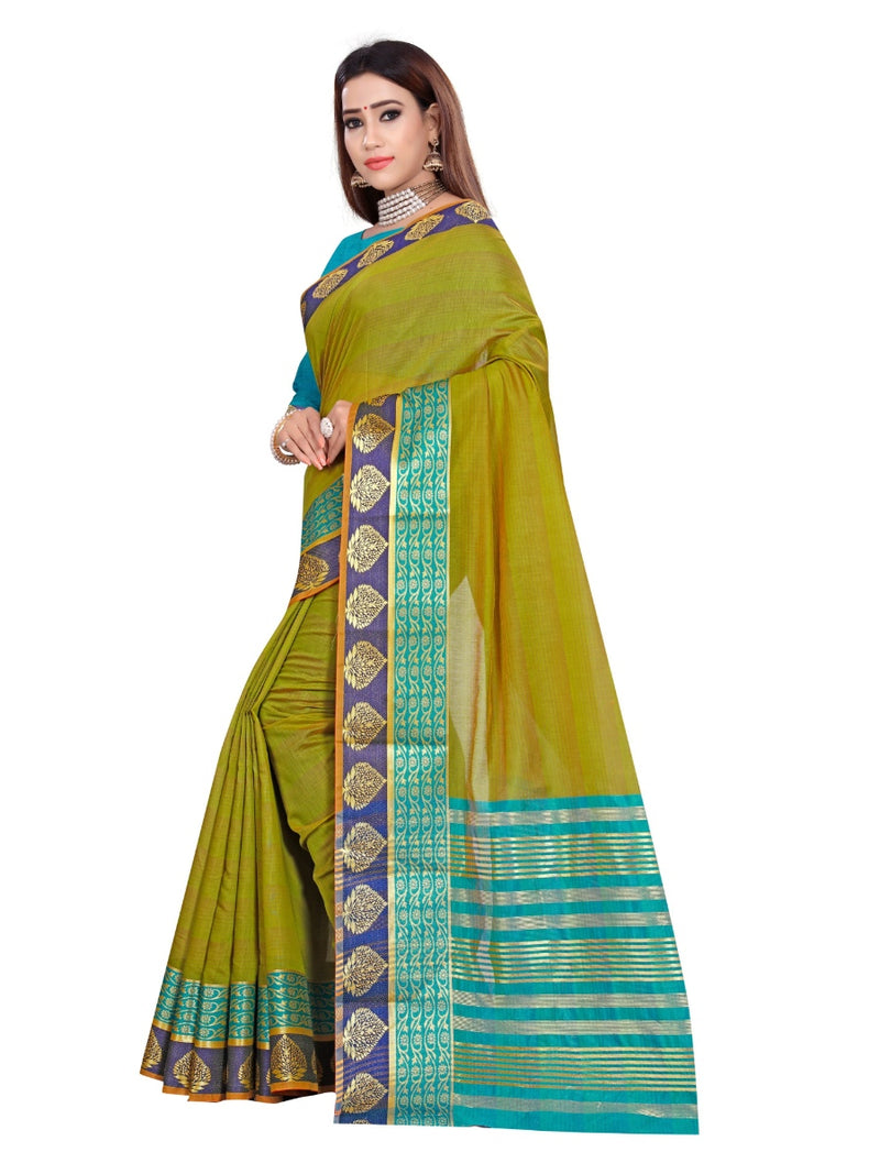 Generic Women's Cotton Saree With Blouse (Green, 5-6 Mtrs)