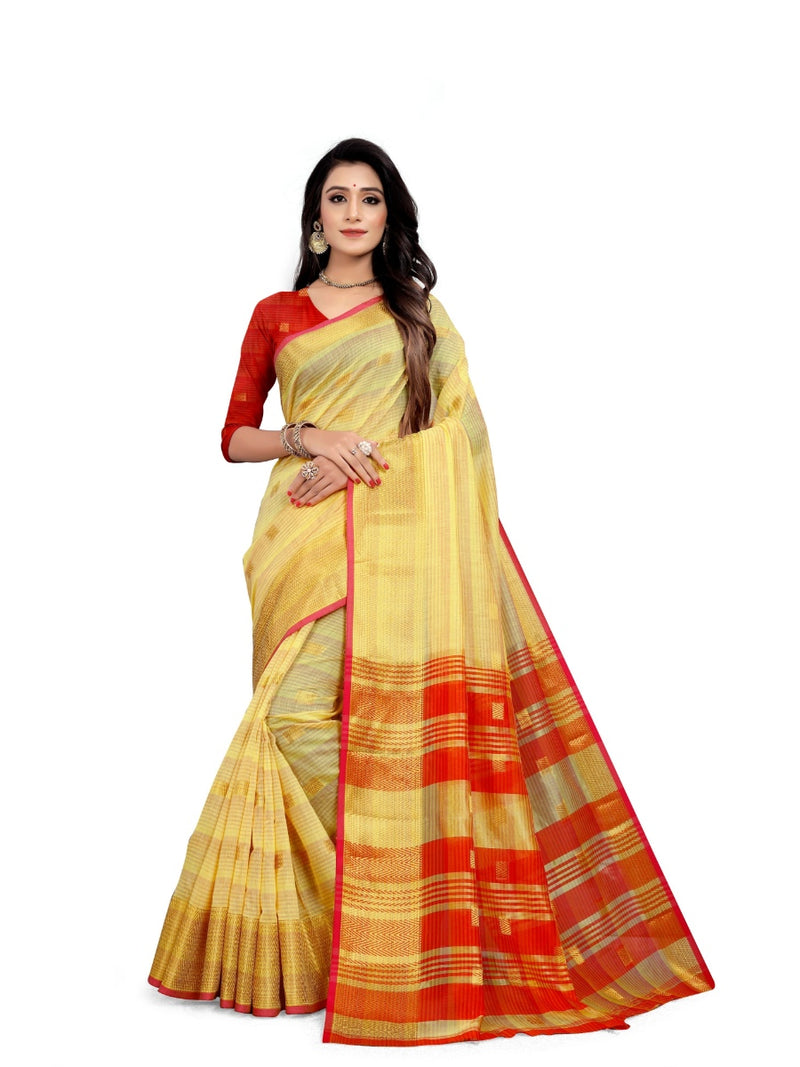 Generic Women's Cotton Saree With Blouse (Yellow, 5-6 Mtrs)