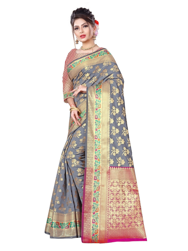Generic Women's Banarsi Silk Saree With Blouse (Grey, 5-6 Mtrs)