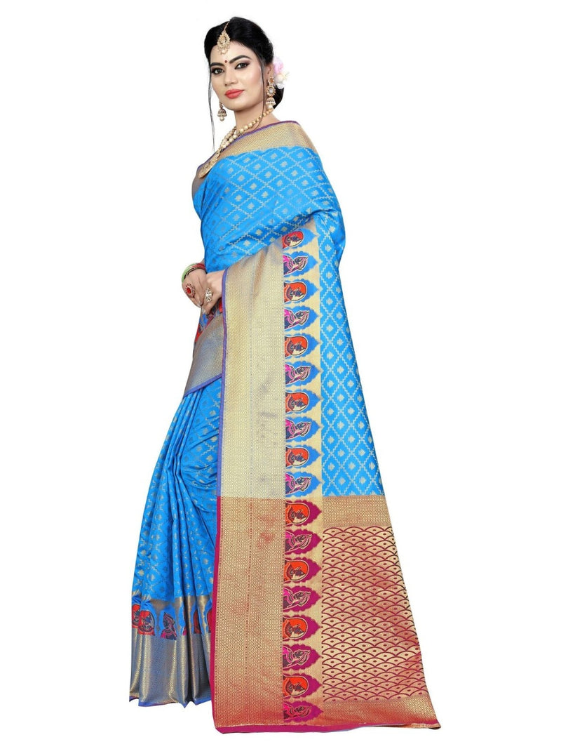 Generic Women's Kanjivaram Silk Saree With Blouse (Ferozi, 5-6 Mtrs)