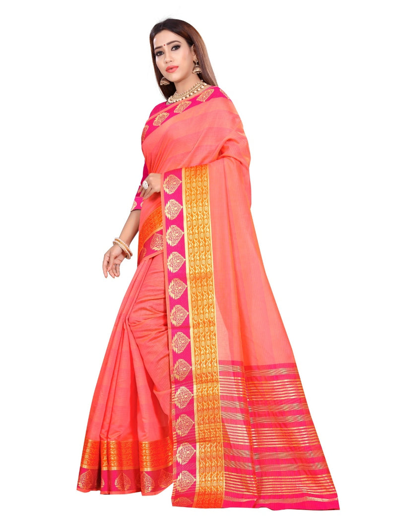 Generic Women's Cotton Saree With Blouse (Pink, 5-6 Mtrs)