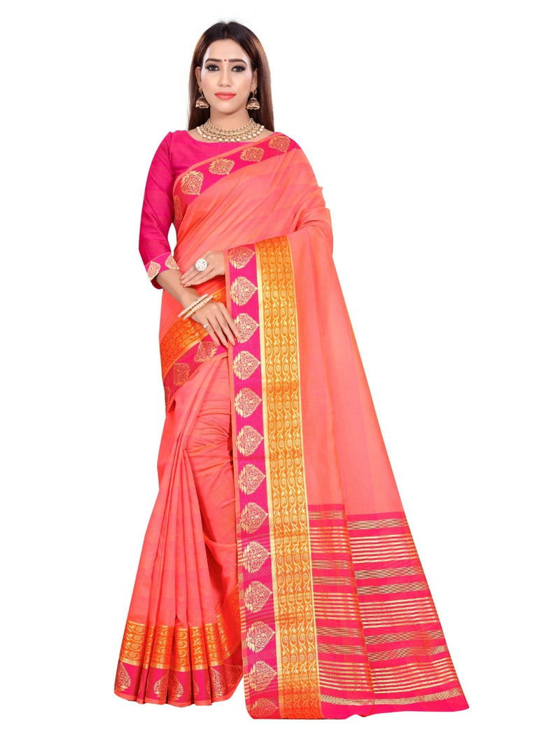 Generic Women's Cotton Saree With Blouse (Pink, 5-6 Mtrs)