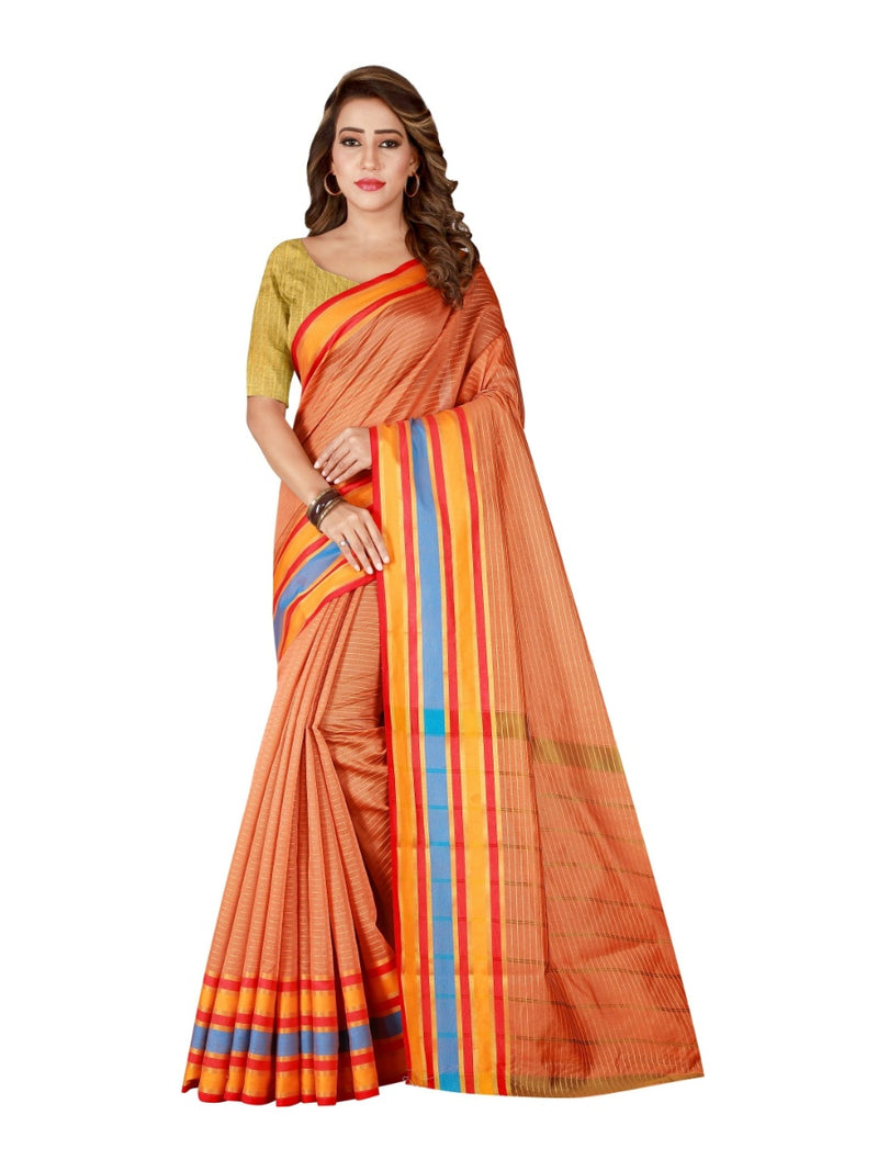 Generic Women's Poly Cotton Saree With Blouse (Peach, 5-6 Mtrs)