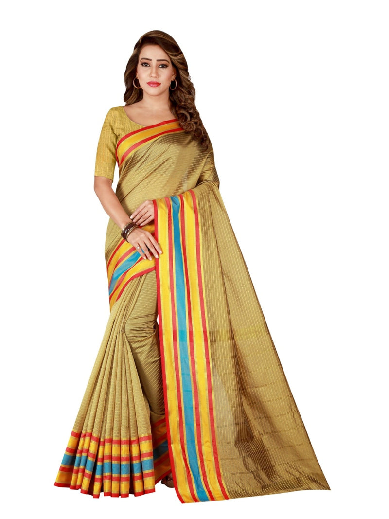 Generic Women's Poly Cotton Saree With Blouse (Beige, 5-6 Mtrs)