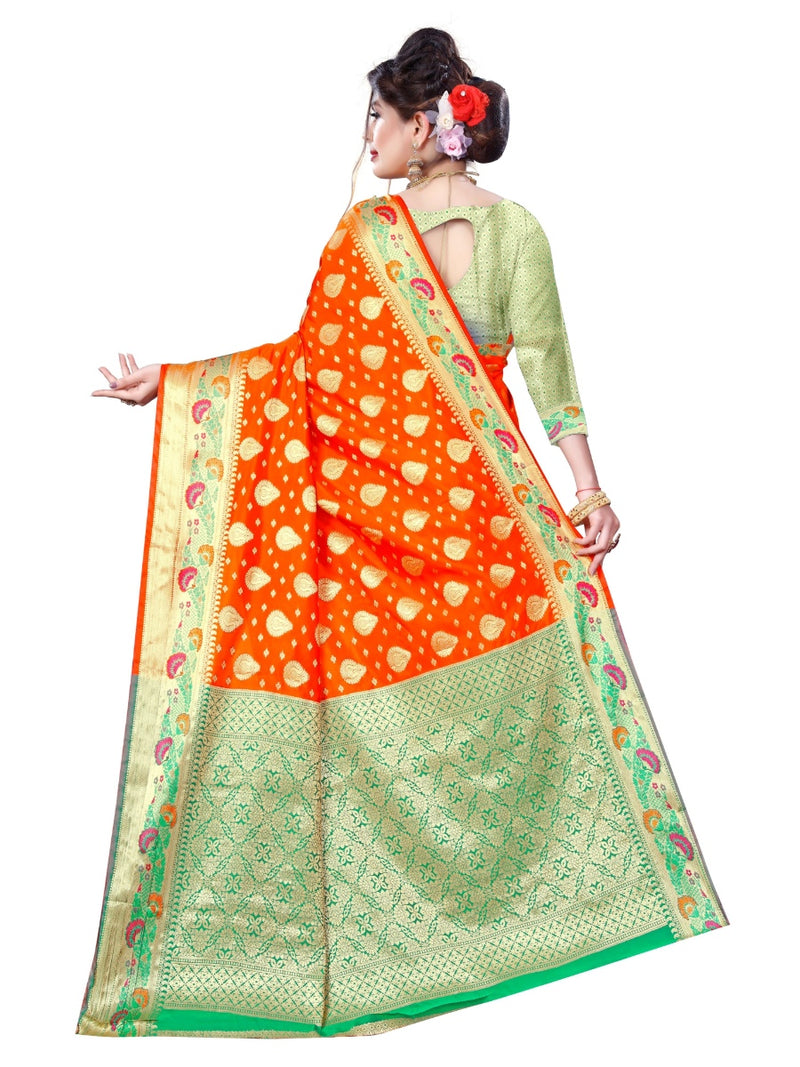 Generic Women's Banarsi Silk Saree With Blouse (Orange, 5-6 Mtrs)
