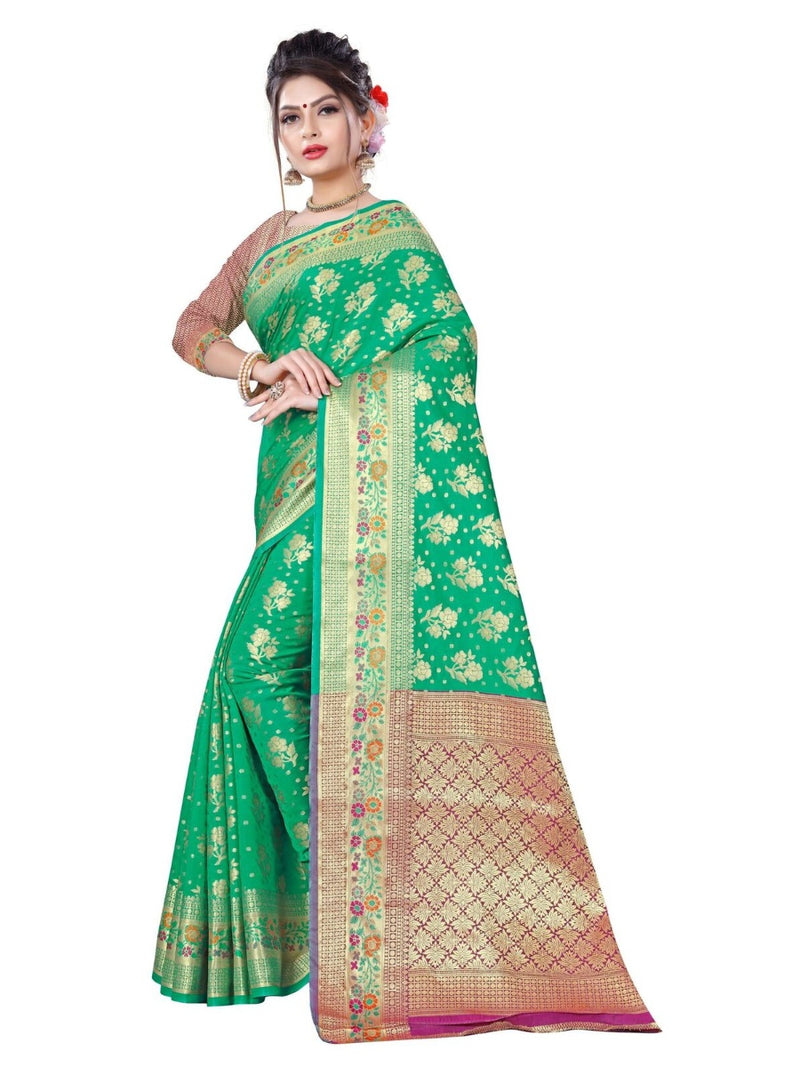 Generic Women's Banarsi Silk Saree With Blouse (Green, 5-6 Mtrs)