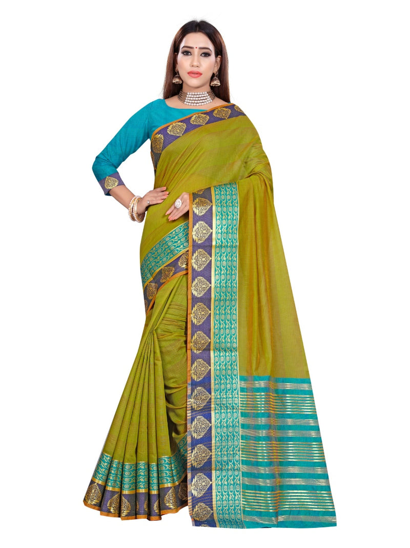 Generic Women's Cotton Saree With Blouse (Green, 5-6 Mtrs)