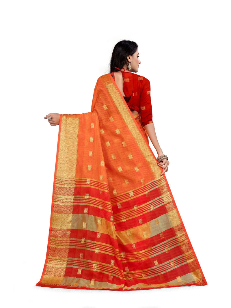 Generic Women's Cotton Saree With Blouse (Orange, 5-6 Mtrs)