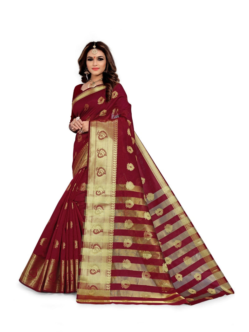 Generic Women's Silk Blend,Jacqaurd Saree With Blouse (Maroon, 5-6 Mtrs)