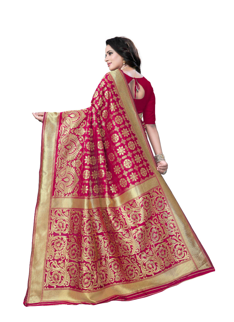 Generic Women's Banarasi silk Saree with Blouse (Pink, 5-6mtr)